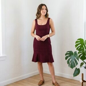 Tory Burch Drew Tweed Sheath Dress Womens 0 Burgundy Tweed Sleeveless Metallic